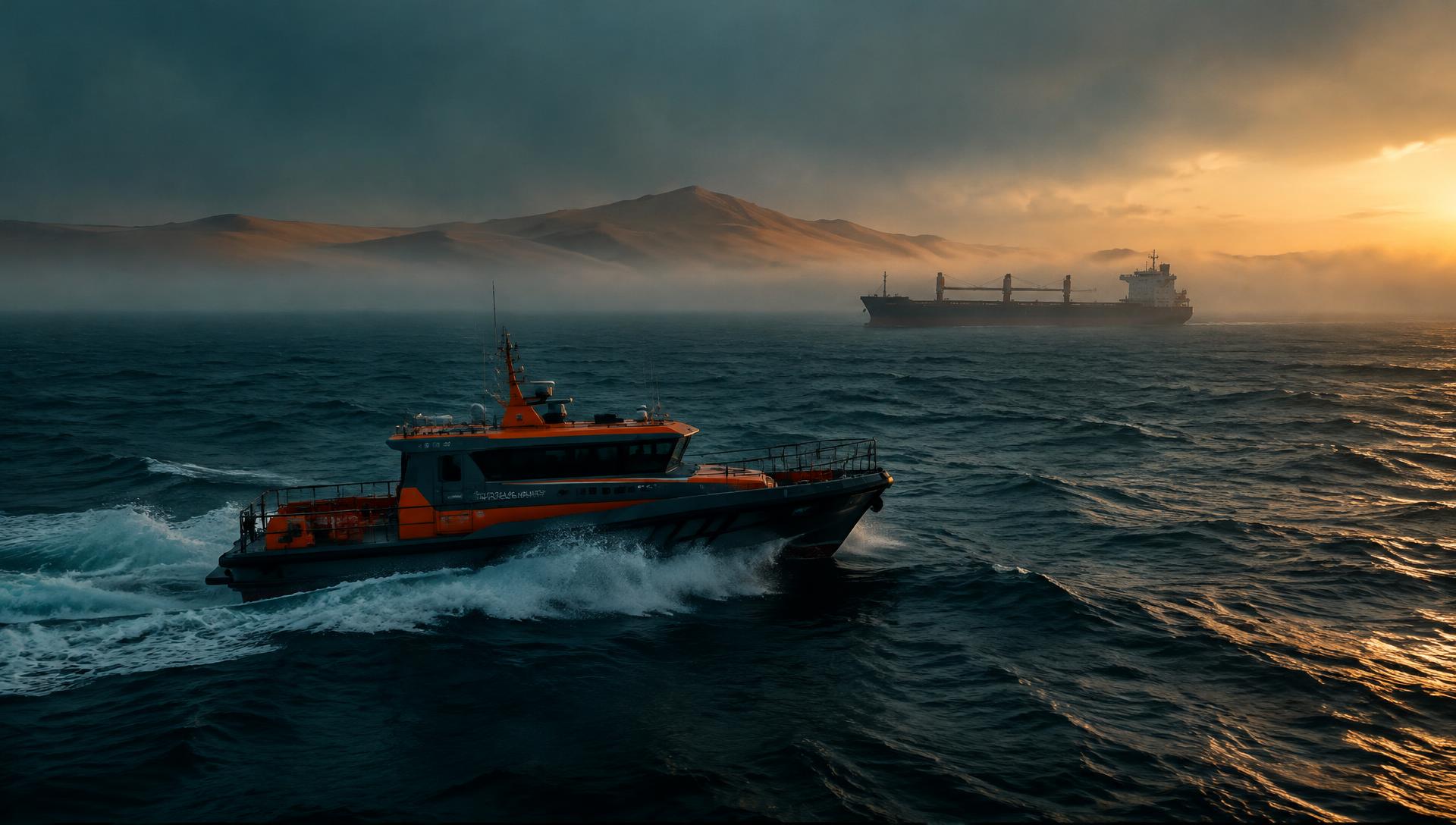 Skeleton Coast Launching crew boat underway past a bulk carrier at anchor